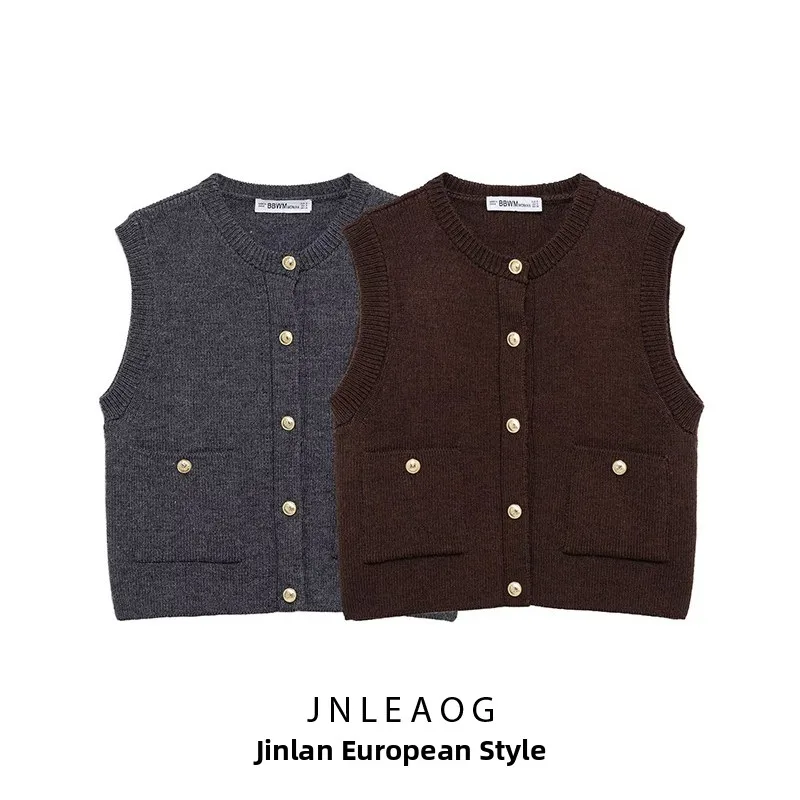 

Модный женский топ-жилет JNLEAOG с плоскими вязаными элементами, осенняя новинка, круглый вырез, полиэстер