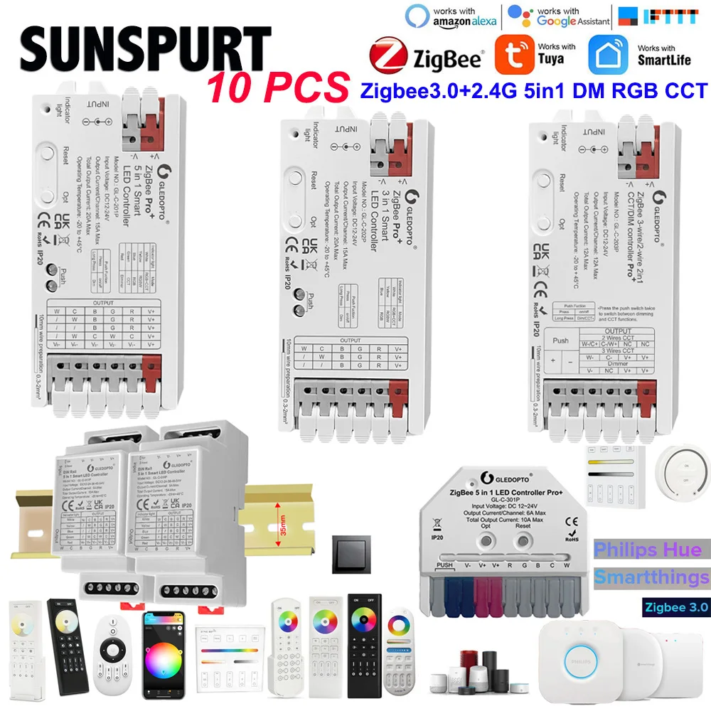10P Gledopto Zigbee 3.0 Pro+ 5in1 2.4G LED Controller RGBW CCT RGBCCT Dimer Strip Light Alexa Homey Tuya Smart App Voice Control