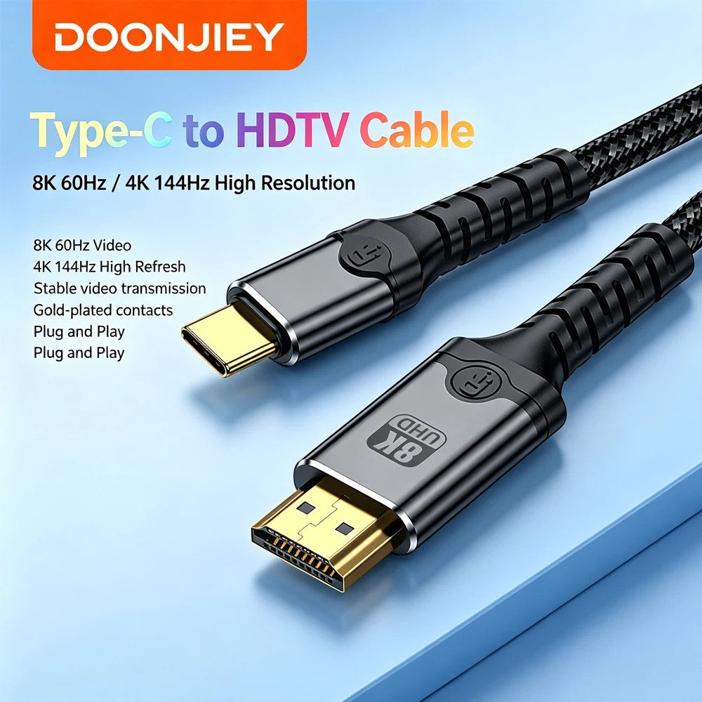 DOONJIEY USB C to HDMI Cable Type-C to HDMI 2.1 8K Video Soft Cable Phone Laptop to TV Monitor 4K240Hz for Phone Tablet Projecto