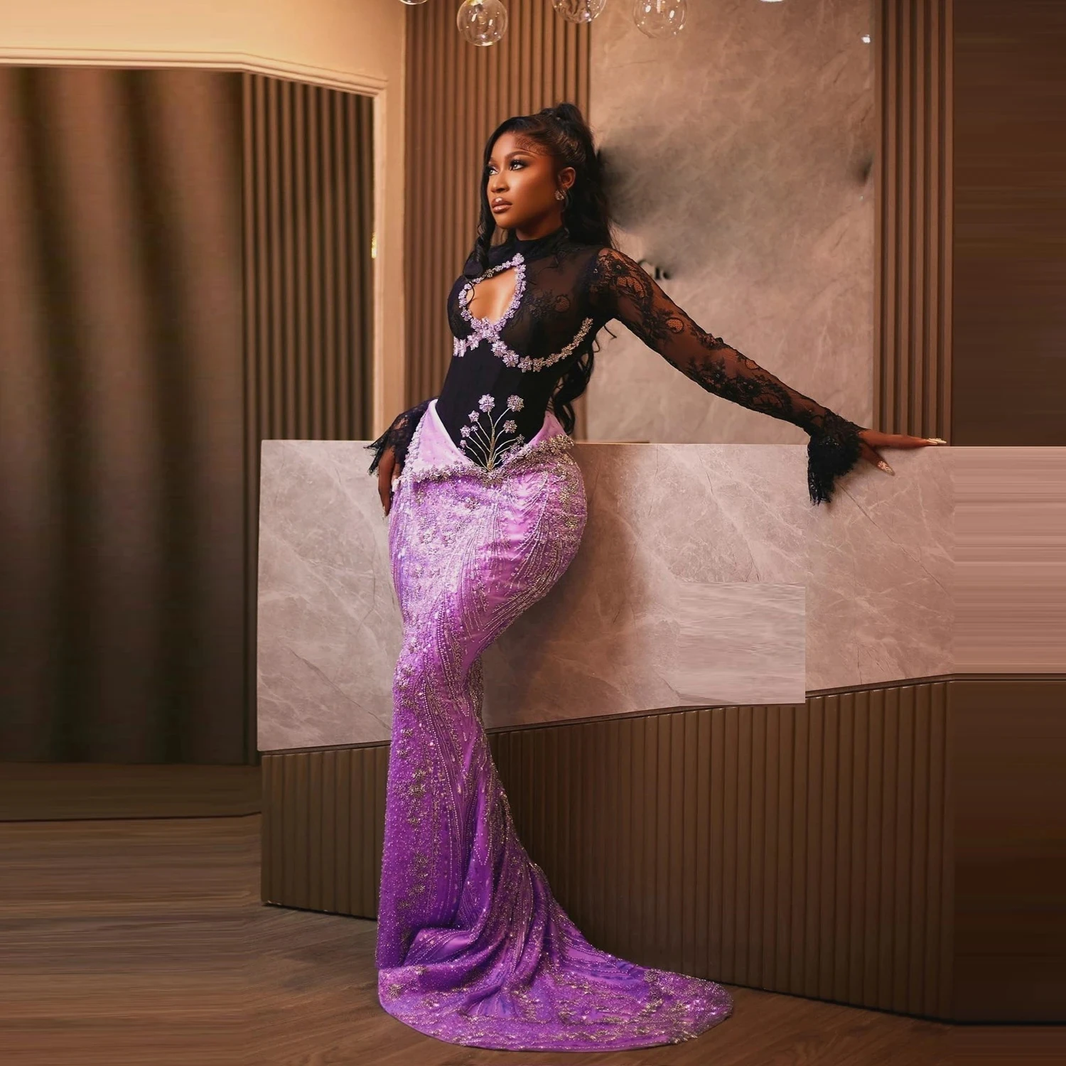 패셔너블한 꽃무늬 비즈 장식 이브닝 드레스 긴 소매 섹시한 머메이드 이브닝 드레스 레이스 포멀 가운