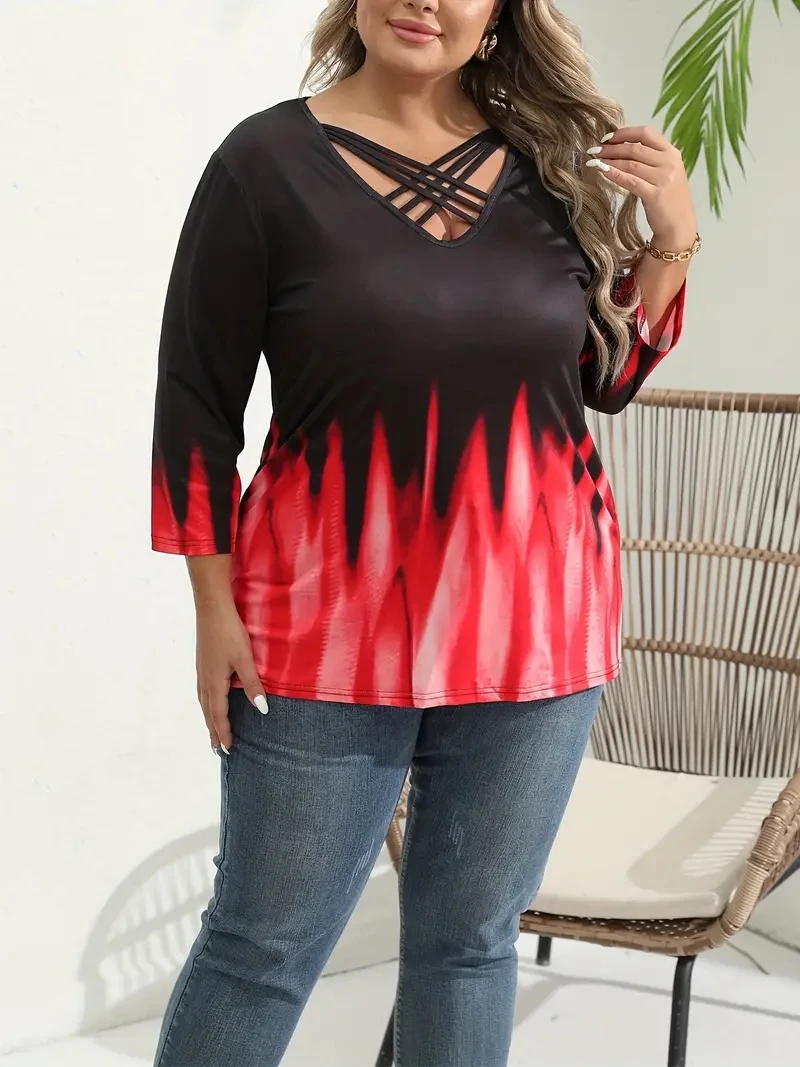 Plus Size CasualT-shirt damski Plus Ombre Print w kratkę pół rękawa dekolt w szpic z lekkim elastyczna koszulka