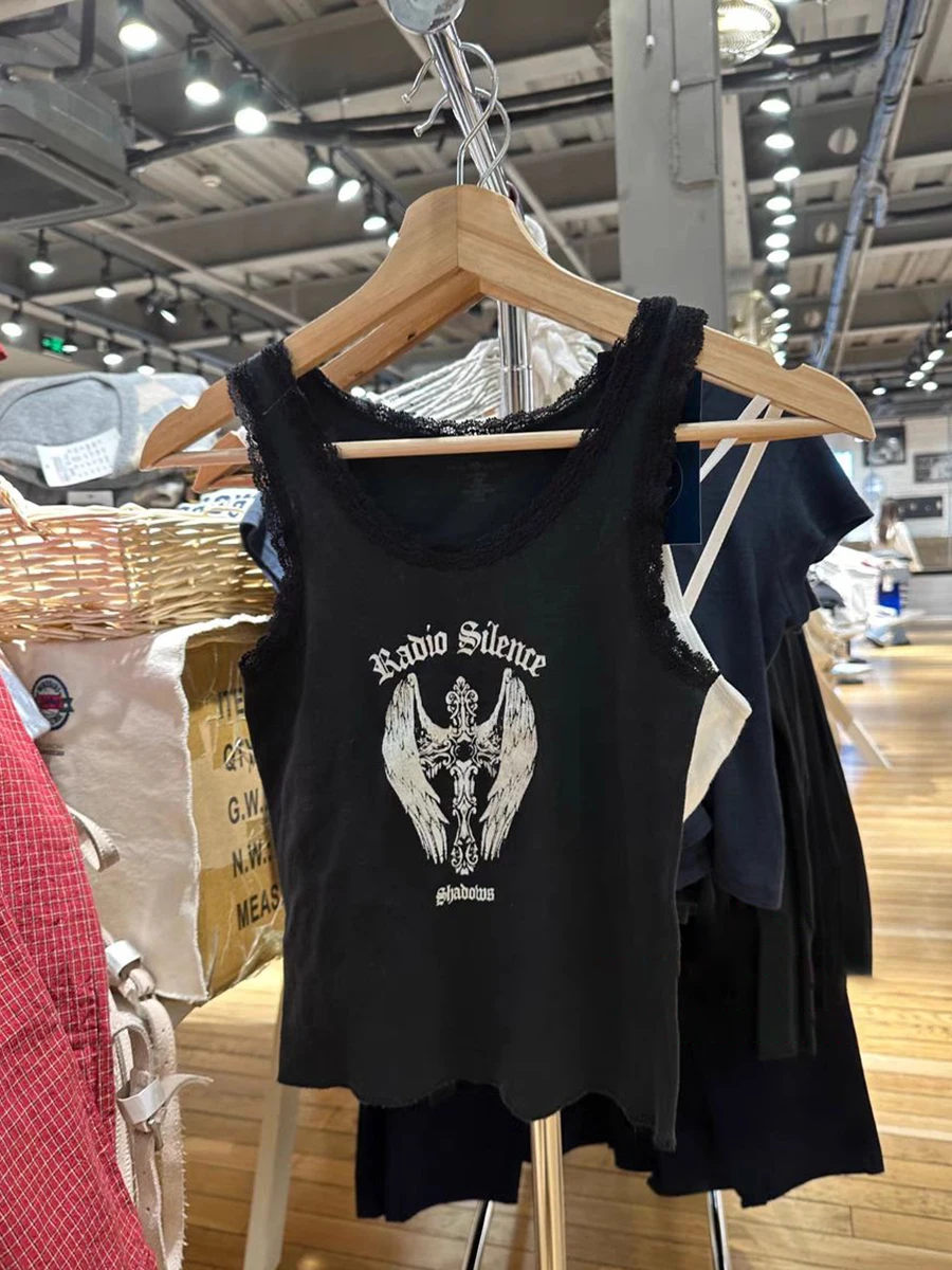 Cross Print Graphic Tank Top Woman Sleeveless Lace Trim Cotton Casual Camisole American Vintage Streetwear Y2k Crop Tops Clothes