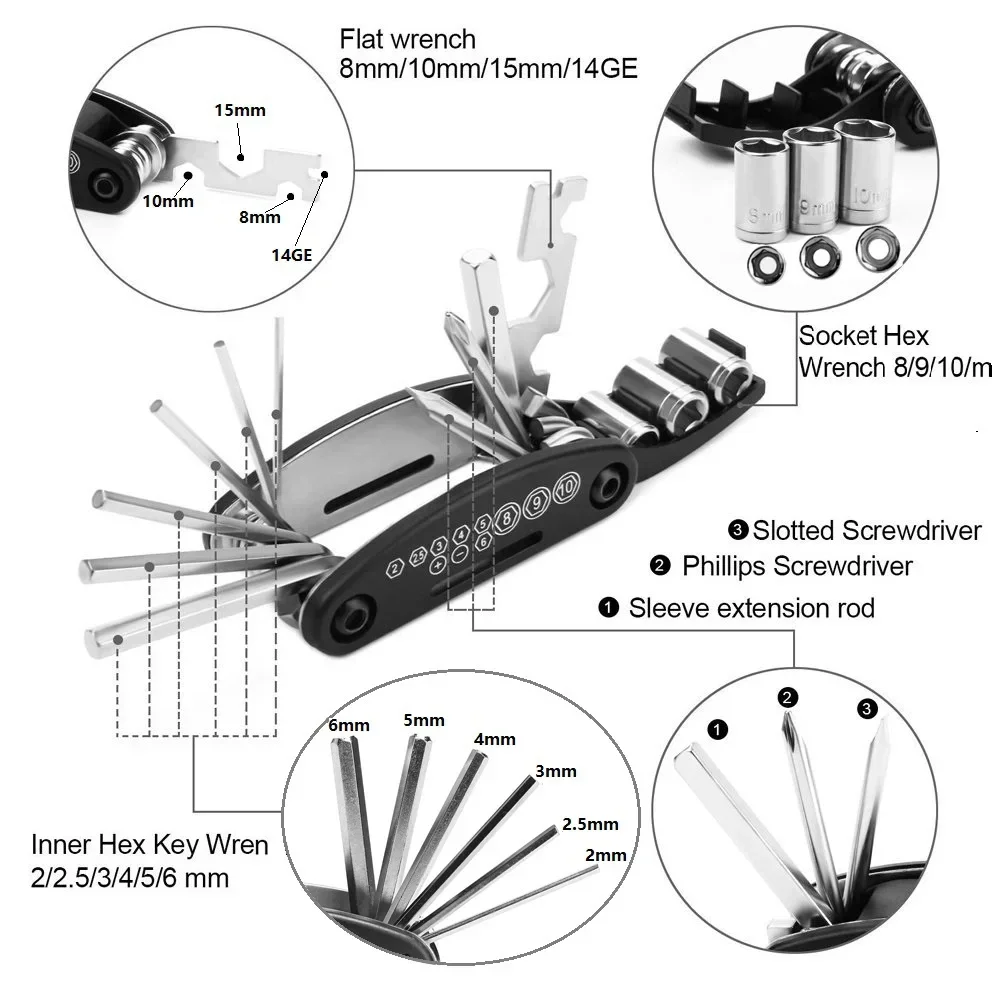 16 in 1 mountain bike portable socket multi-purpose wrench bike multi tool screwdriver bike repair tool