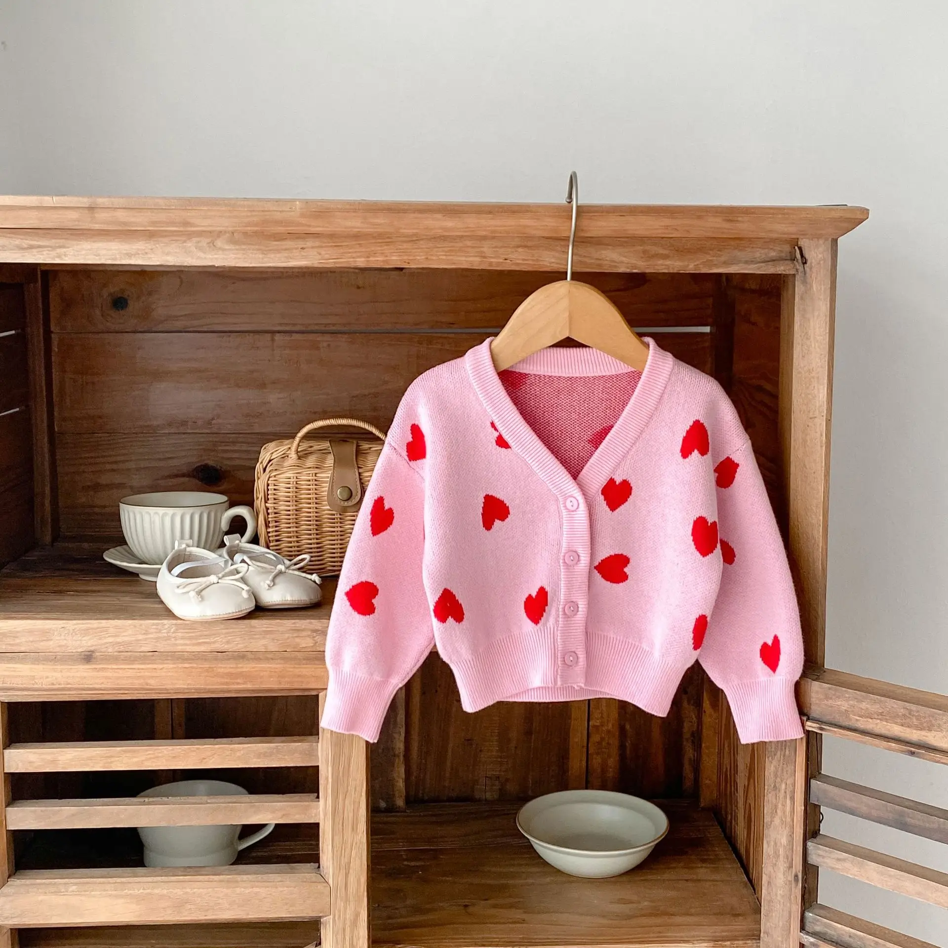 Toddler Valentines Dress Up Pink Heart V-neck Baby Cardigan Adorable Kids Knit Cardi