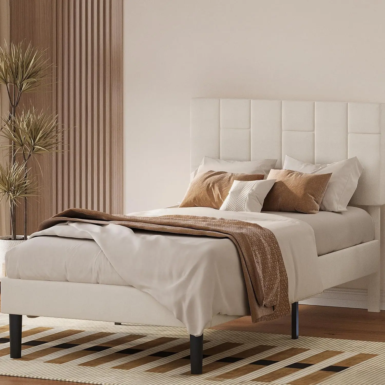 Twin XL Bed Frame with Headboard, Modern Upholstered Platform Bed with Headboard and Wood Slat Support, Noise-Free, No B