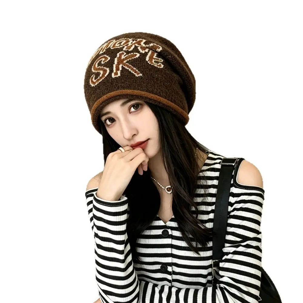 Street Fashion Large Head Size Knitted Hat Jacquard Letter Beanie Windproof Bucket Hat Keep Warm Skullies Cap For Couple