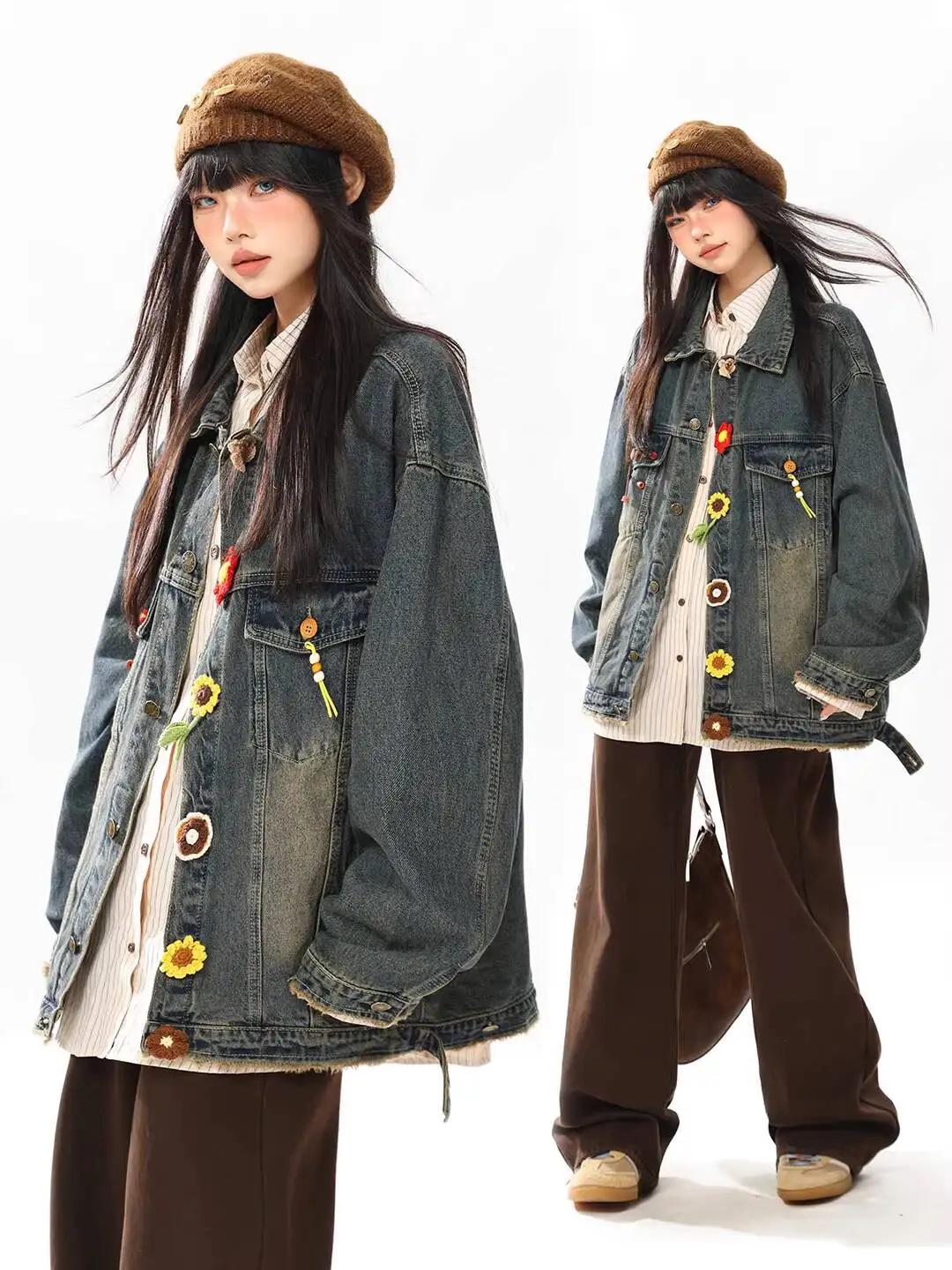 

2026 New Fall Winter Vintage Floral Button Denim Jacket for Men and Women Loose Fit Unique Design American High Street Coat