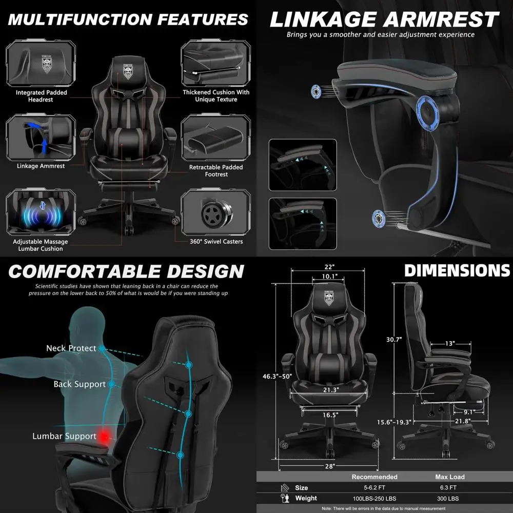 

Эргономичное игровое кресло с откидной спинкой, подставкой для ног и массажем для взрослых — для высоких и крупных людей, черно-серое
