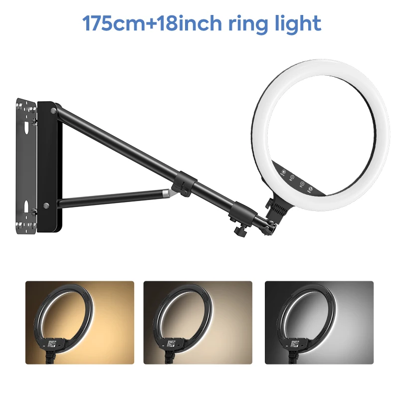 18” led-lichtring met wandmontagestandaard, touchscreen verstelbare kleurtemperatuur lampstandaardkit voor YouTube-video-opname