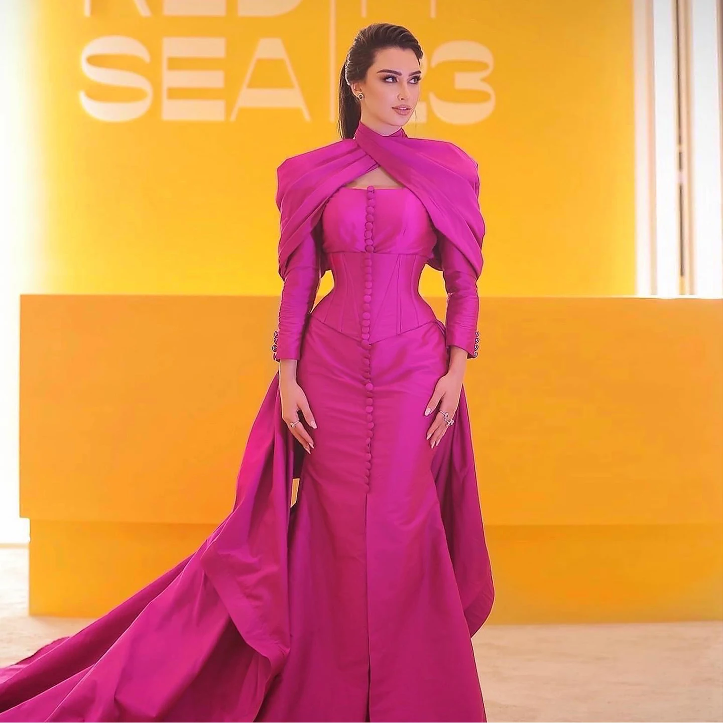 Sharon Said Dubai Elegant Fuchsia Mermaid Evening Dress with Overskirt High Neck for Women Wedding Party Gown SF030 Customized