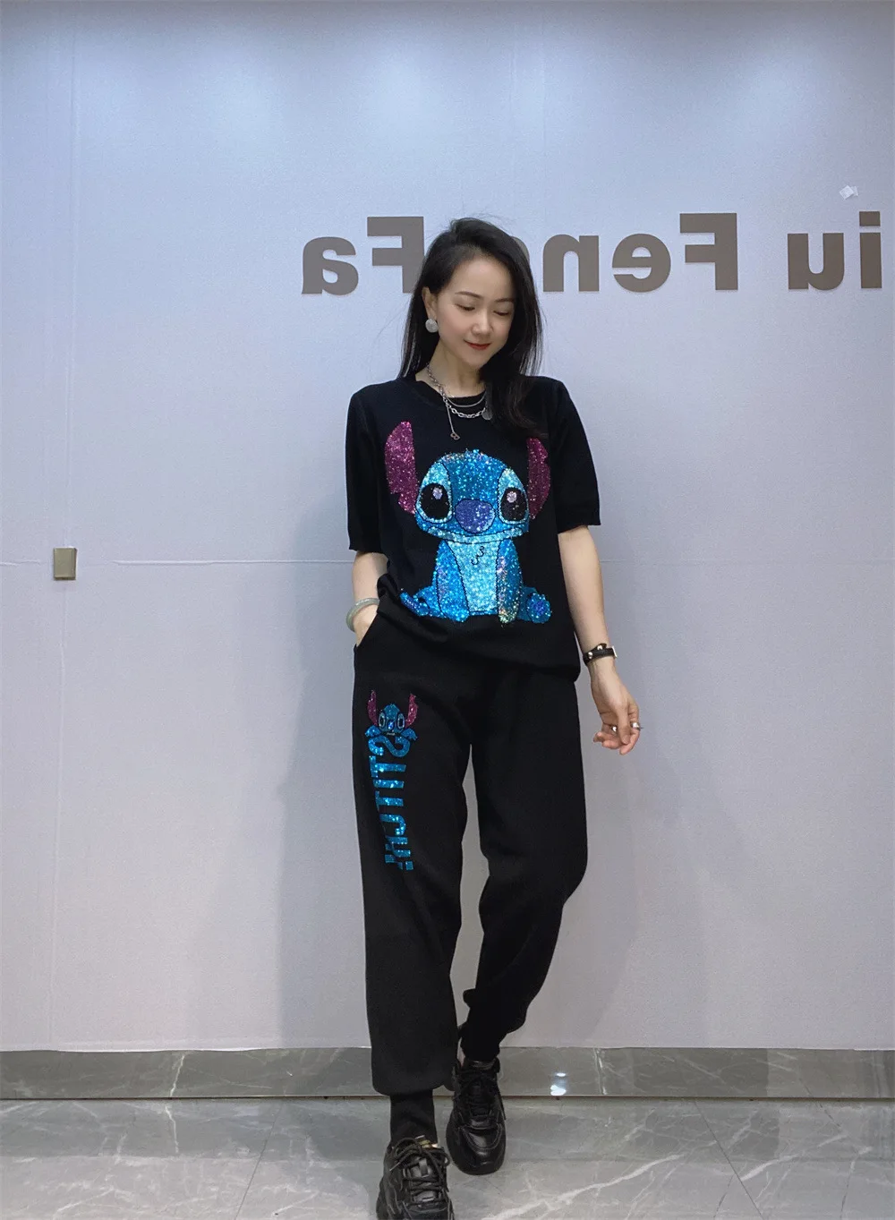 Fashion Knitted Round Neck Short Sleeve Top and Long Pants Casual Set for Women Spring Summer Rhinestone Two-Piece Sets