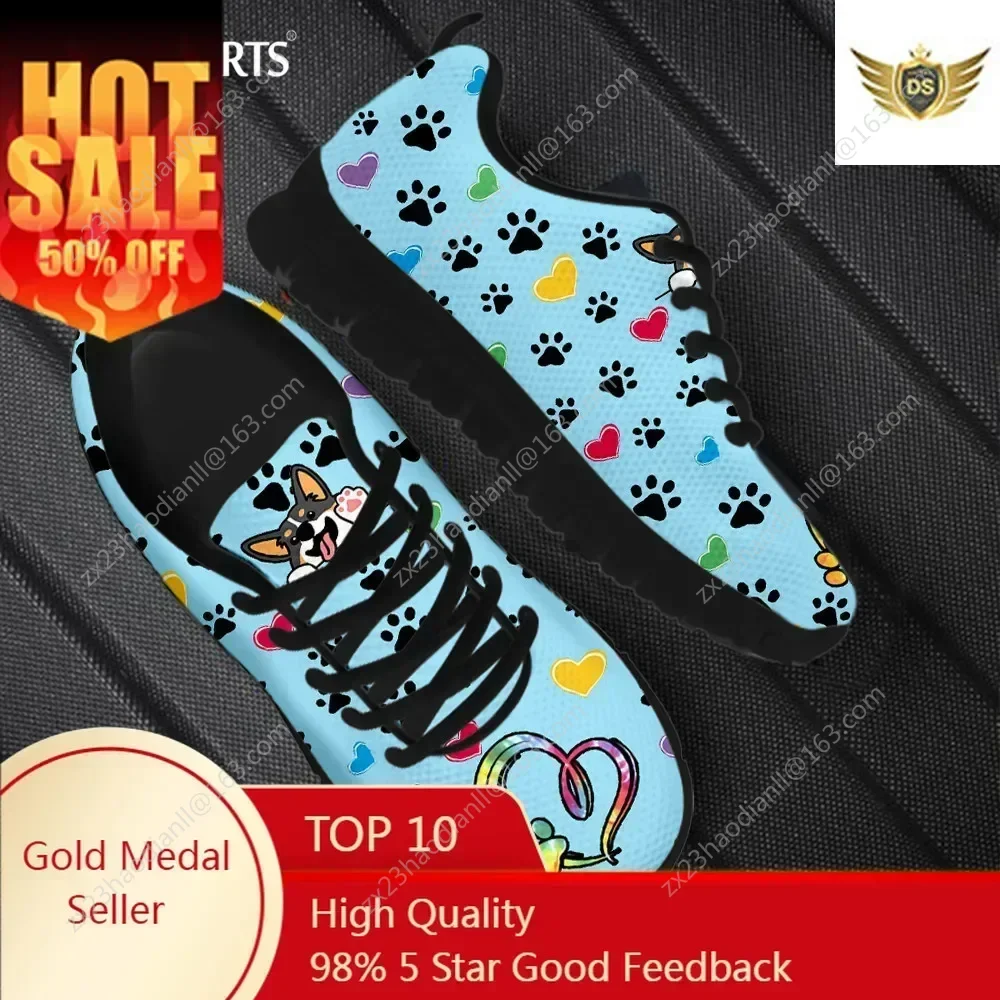 Kawaii Welsh Corgi Cartoon Pattern Flat Shoes For Dog Lovers Lightweight Lace Up Sneakers Breathable Walk Footwear