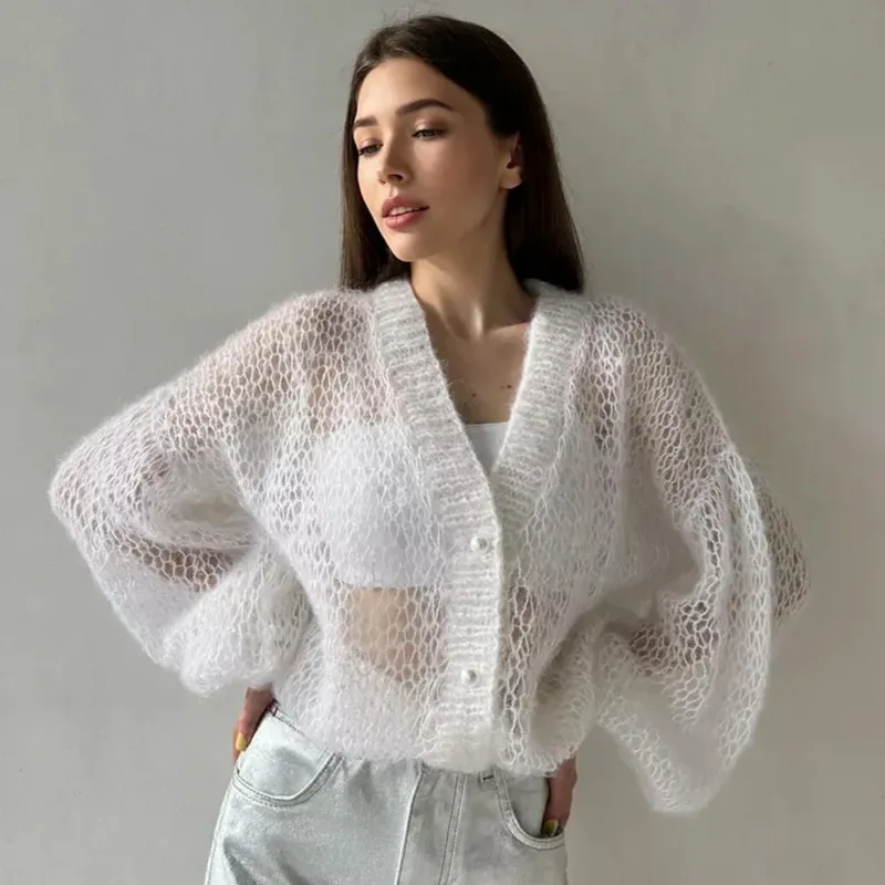 Tuularose White Hollow Cardigan Fashion See-through Loose Soft Sweaters Casual Autumn Commuting Simple Women's Cardigan Outfits