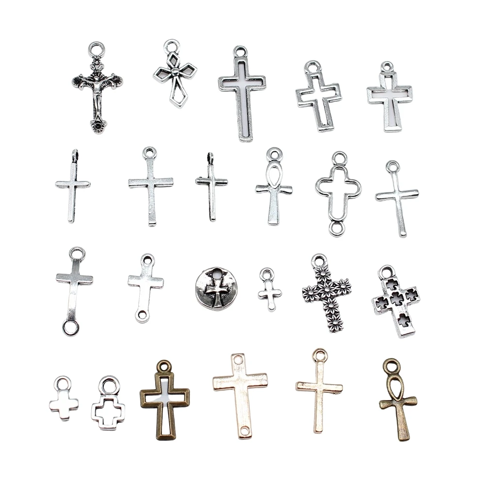 40pcs Tibetan Bronze Silver Color Pendants Antique Jewelry Making DIY Handmade Craft Small Cross Charms For Jewelry Making