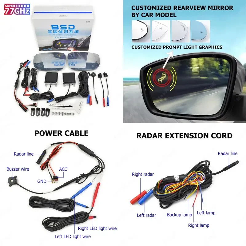 Car Lane Change Assistance BSD DOW RCTA 77GHZ Blind Spot Mirrors Detection Monitoring System For