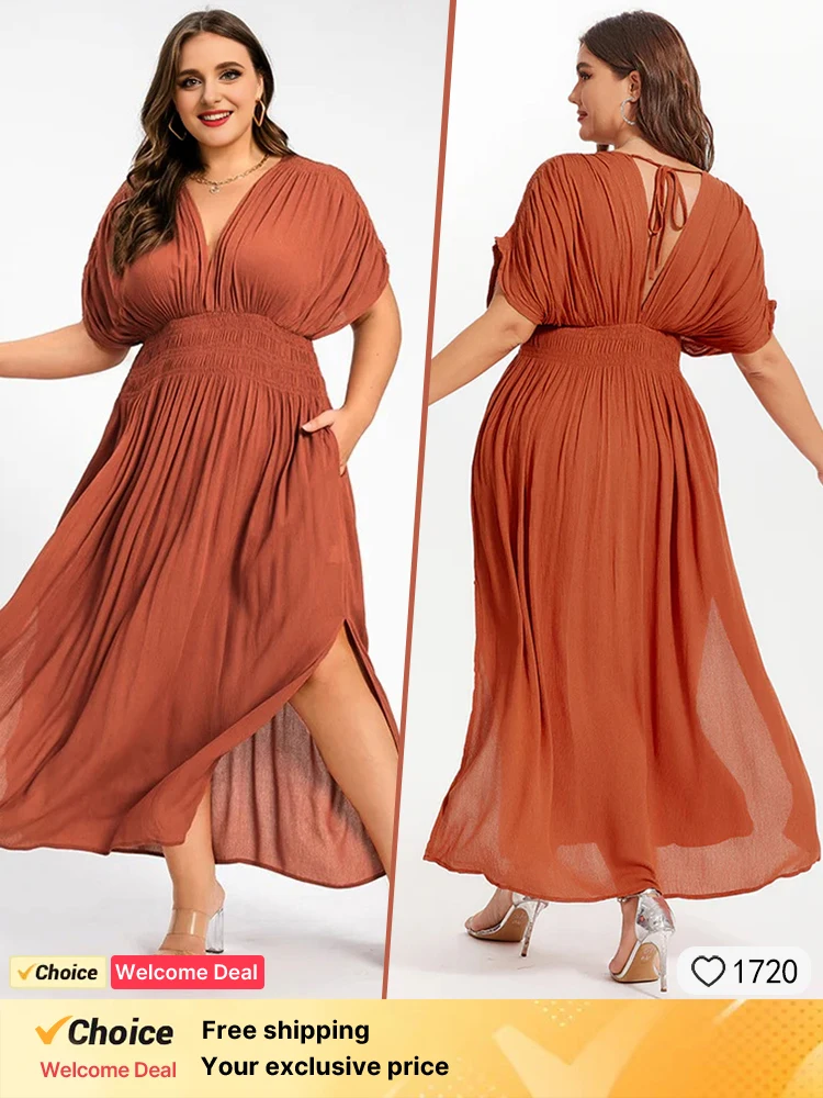 

2025 original plus size women's dress, orange chiffon casual date dress, elegant V-neck batball sleeve women's summer dress