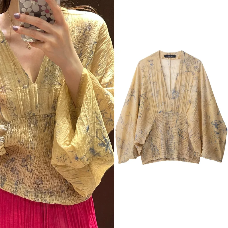 

Women's Top New Summer 2025 Yellow Print Long Sleeve V-Neck Loose Waist Top Casual Fashion Sexy Personality