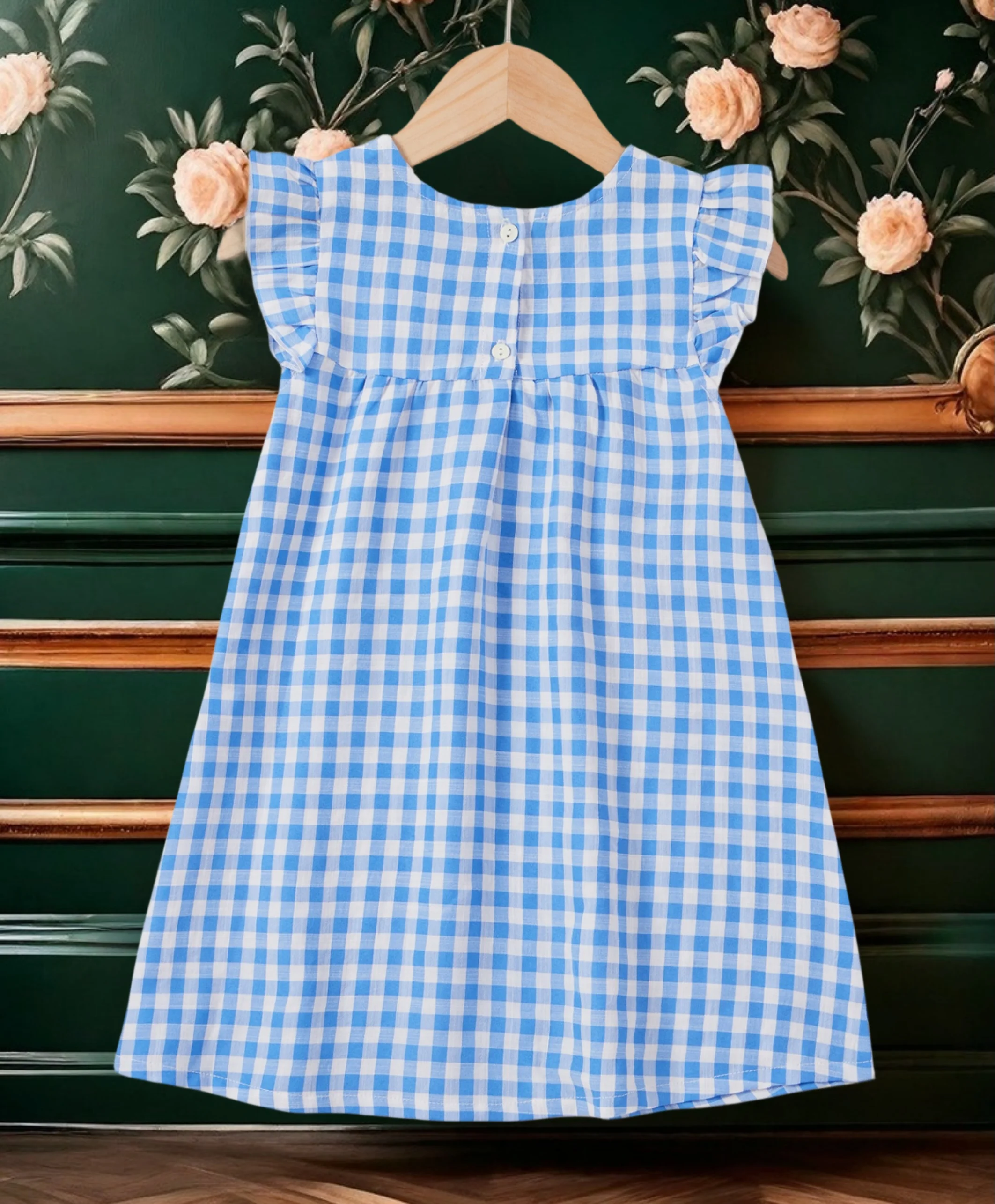 Sweet and cute fashion blue plaid flying sleeve T-shirt dress three-dimensional flower girls western style casual summer dress