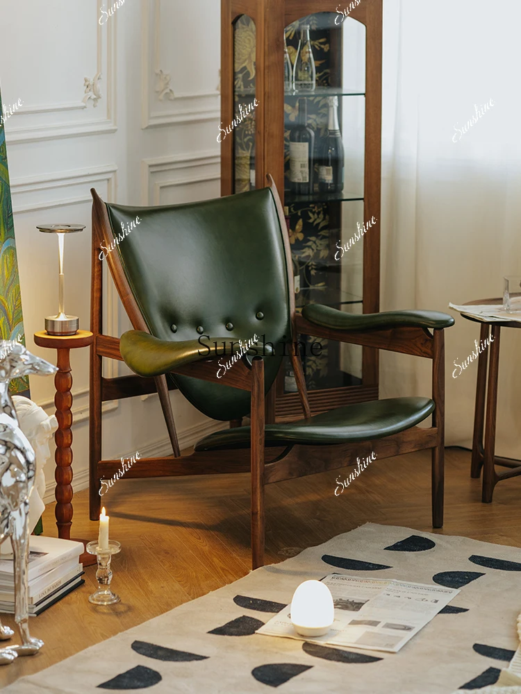 

Jade green oil wax skin black walnut single sofa chair living room balcony leisure FT