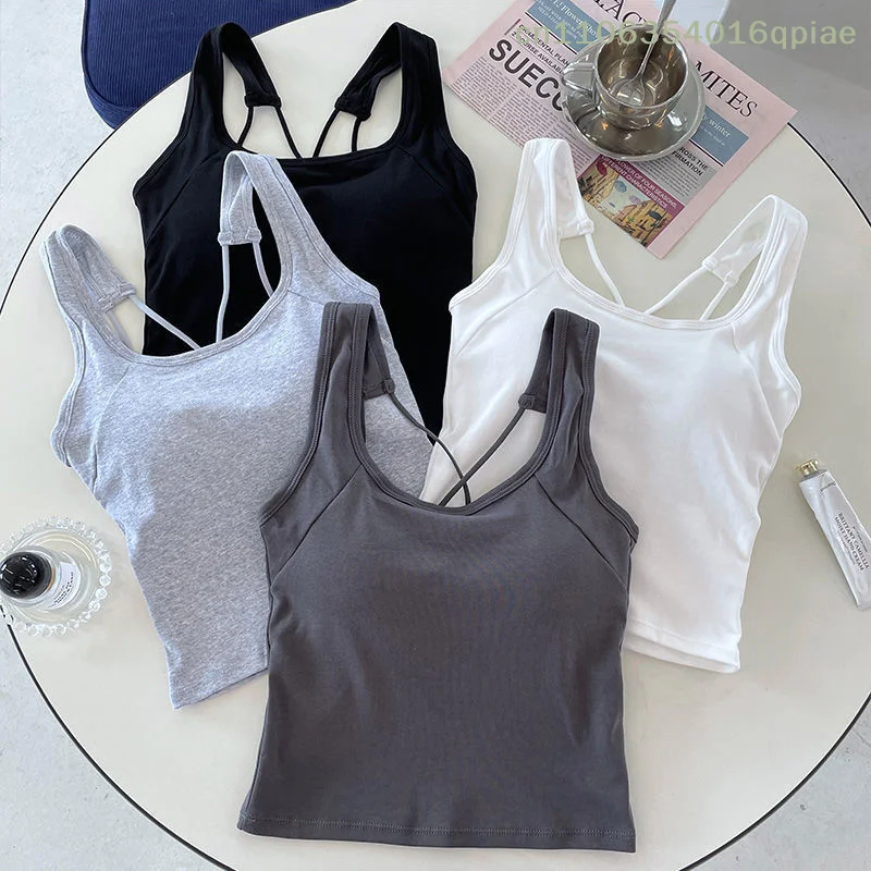 （Summer4）Sports Tank Top Women Solid Color Large U Neck Cross Non-marking One With Bra Pad Outer Wear Bottom Wrap Women