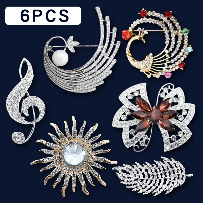 

6Pcs/Set Peacock Feather Note Sunflower Brooch Women Fashion Brooch Rhinestone Brooches Birthday Party Wedding Brooch