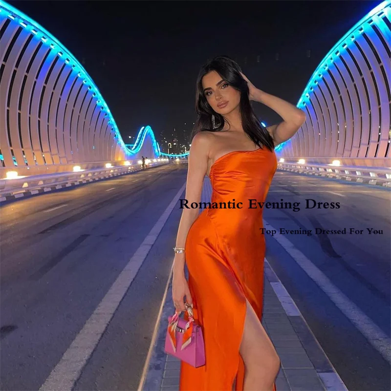 Romantic Orange Satin Prom Gowns One Shoulder Sexy Side High Silt Sweetheart Birthday Dress Long Evening Dress For Women 2022