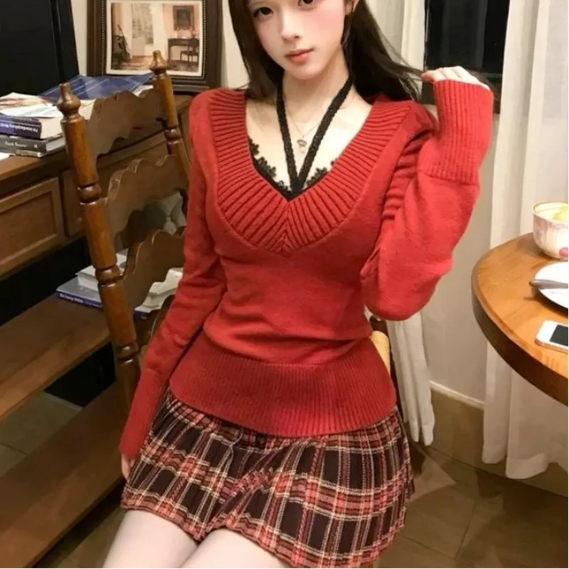 

Christmas Japan Fashion Women's Suit 3 Piece Set Lace Halter Tops + Knitted Pullover Sweater + Striped Mini Skirt Woman Clothes