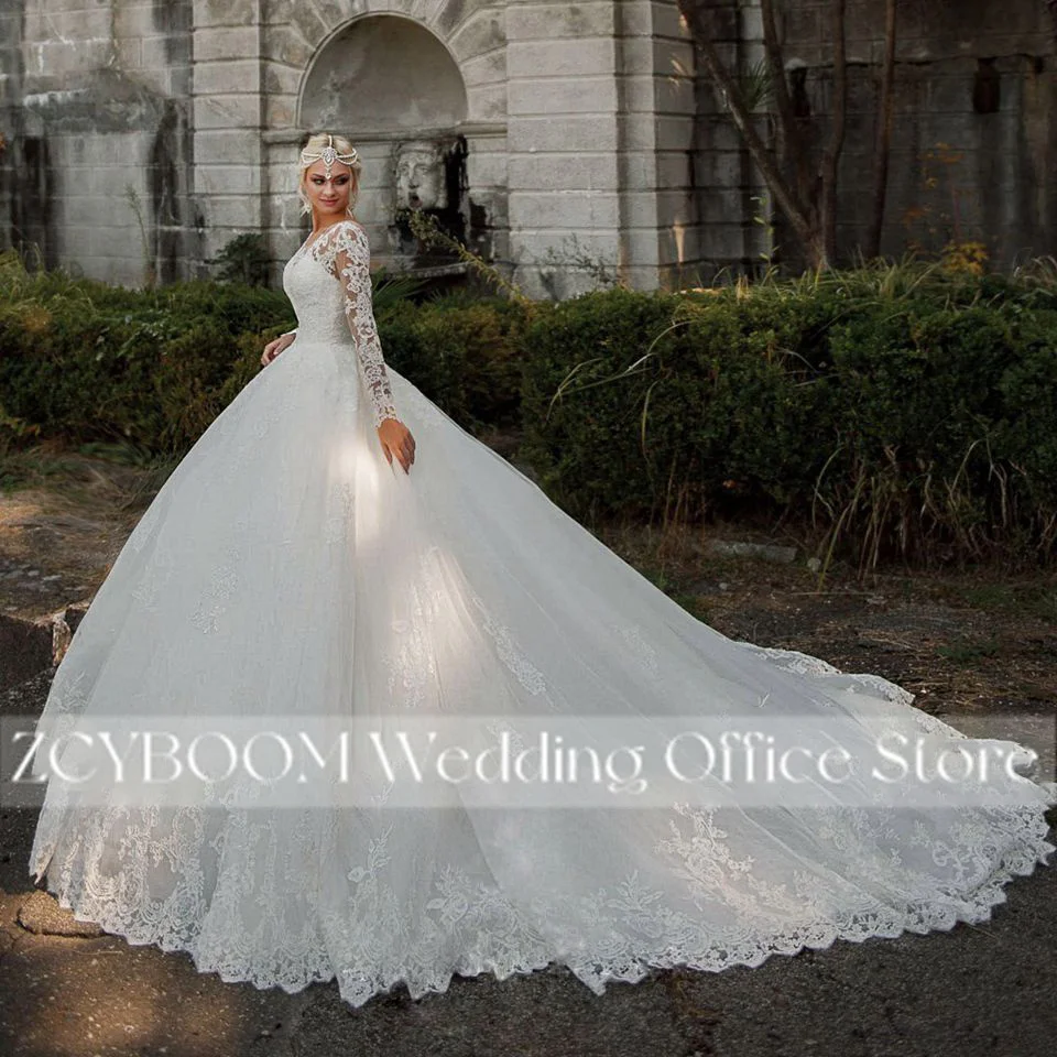 فساتين زفاف أنيقة مخصصة عاجية بأكمام طويلة 2025 رقبة سكوب مطرزة دانتيل العروس فستاين سهرة/فساتين الحفلات Vestidos De Novia