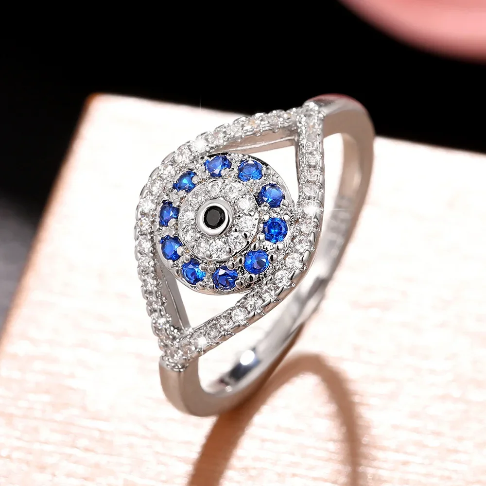 YILUOCD Elegant Dark Blue Zirconia Rings Cubic Zirconia Turkish Evil Eye Signet Ring for Women Jewelry Protection Lucky Gift