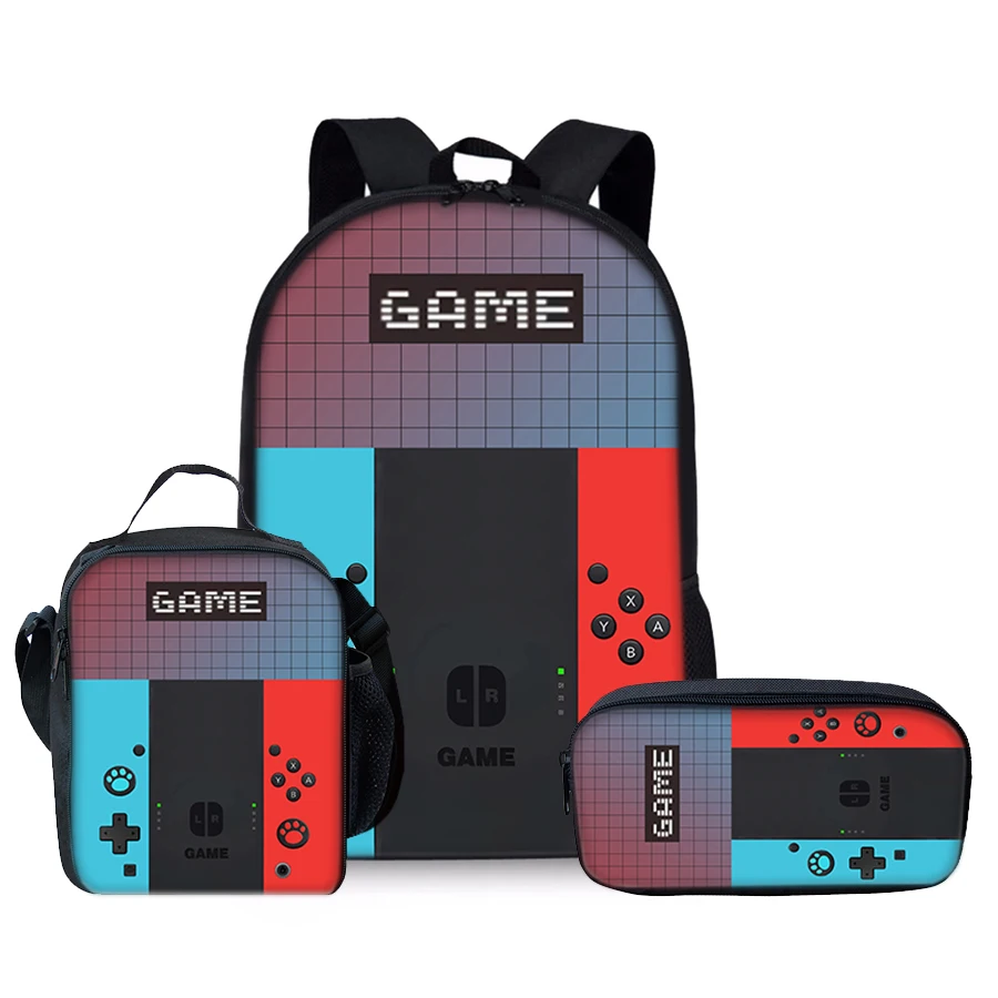 3pcs Games Console Casual Backpack with Lunch Bag and Pencil Case for Boy/Girls Kids Student BookBag Sets Teenagers SchoolBag