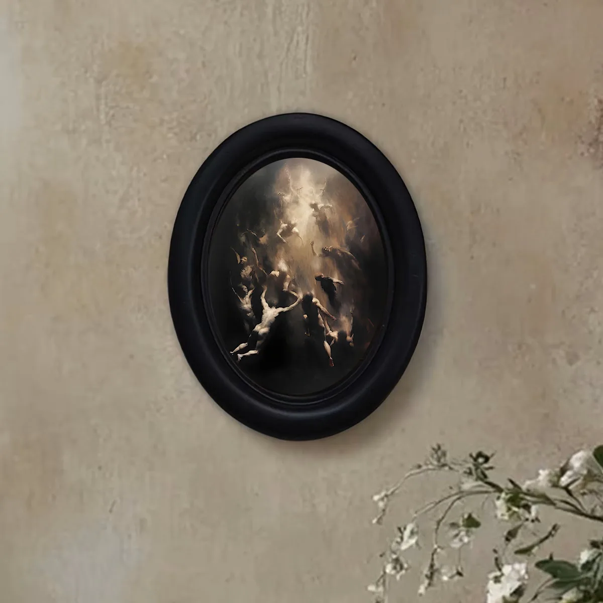 1 Piece of Dark Academia Style Fallen Soul Inspired Wall Decoration, Black Oval Frame Wall Decoration, Gothic Hell Scene Oil Painting Wall Decoration, Atmospheric Dark Decoration, Dark and Spooky Wall Hanging Decoration - view 2