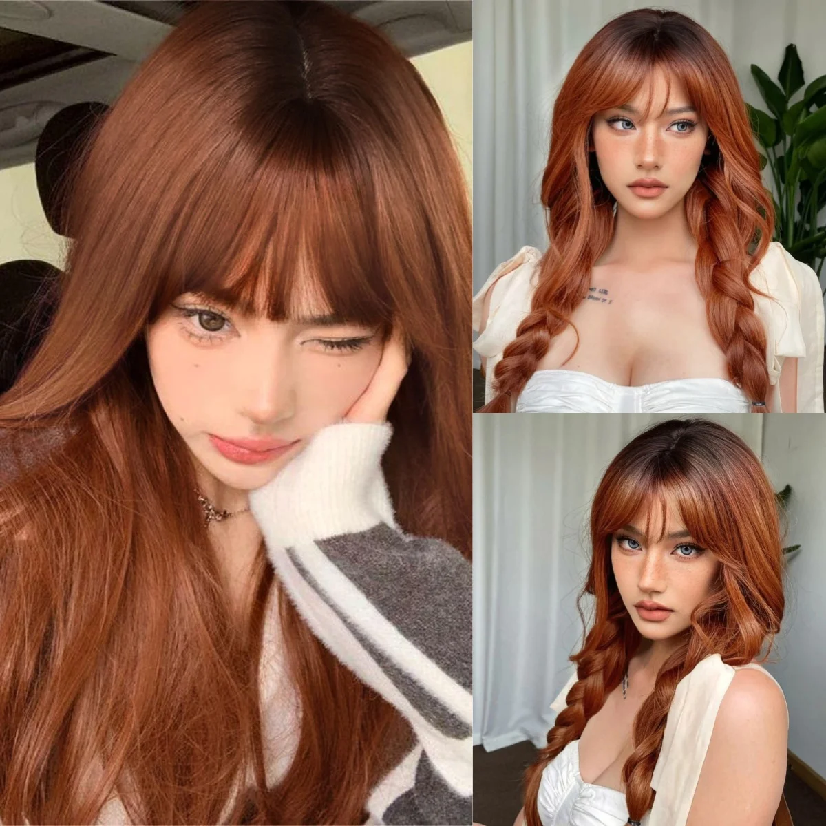 Lolita Brown Hairs Long Auburn Synthetic Hair with Bangs Copper Ginger Straight Wig Root Dark for Women Wig Heat Resistant Wigs