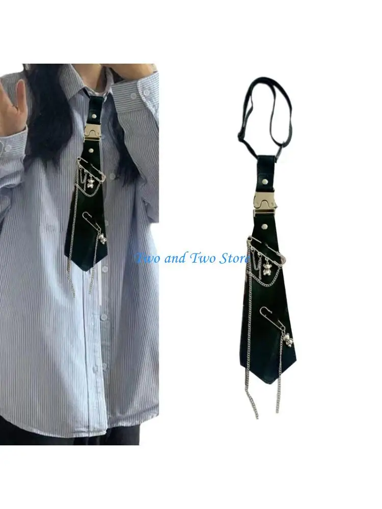 HX6F Punk Pre-tied Uniform Black Ties Metal Chain Girls School Uniforms Accessories JK Preepy Look School Suit