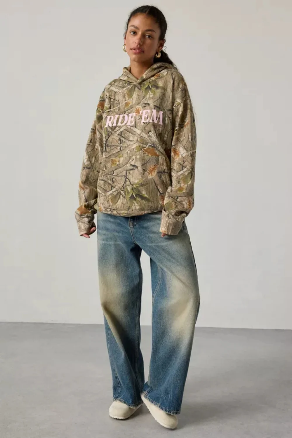 Ride ‘Em Graphic Camo Oversized Hoodie – Camo base with "Ride ‘Em" graphics, cozy sweatshirt material, great for casual outings