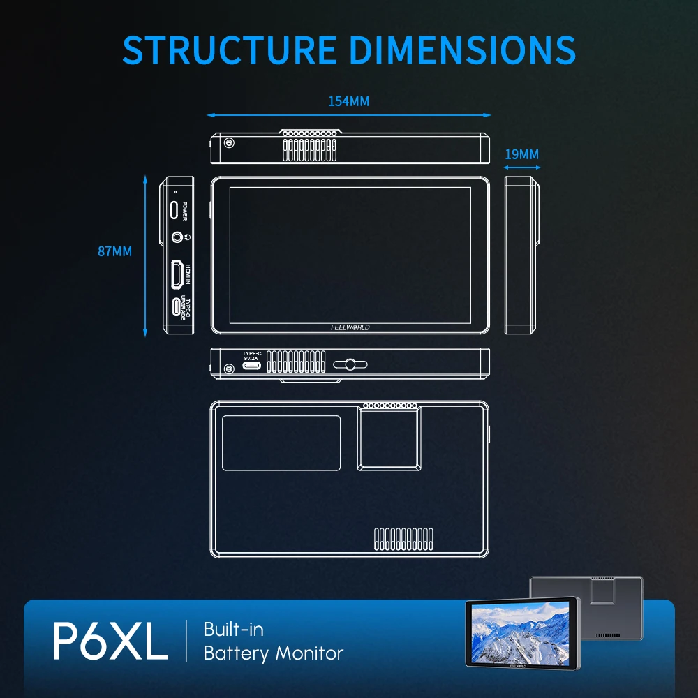 FEELWORLD P6XL 6" 1200NIT High Brightness Aluminum Camera Monitor Built-in Battery HDMI Outdoor Use Factory Direct Bulk Order