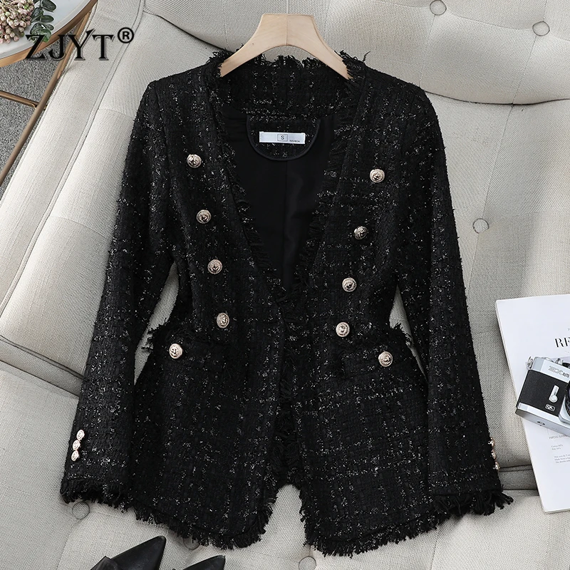 

ZJYT Autumn Winter 2025 New Fashion Women's Tweed Blazers Jackets V Neck Double Breasted Vintage Casual Coat Plus Size Outerwear