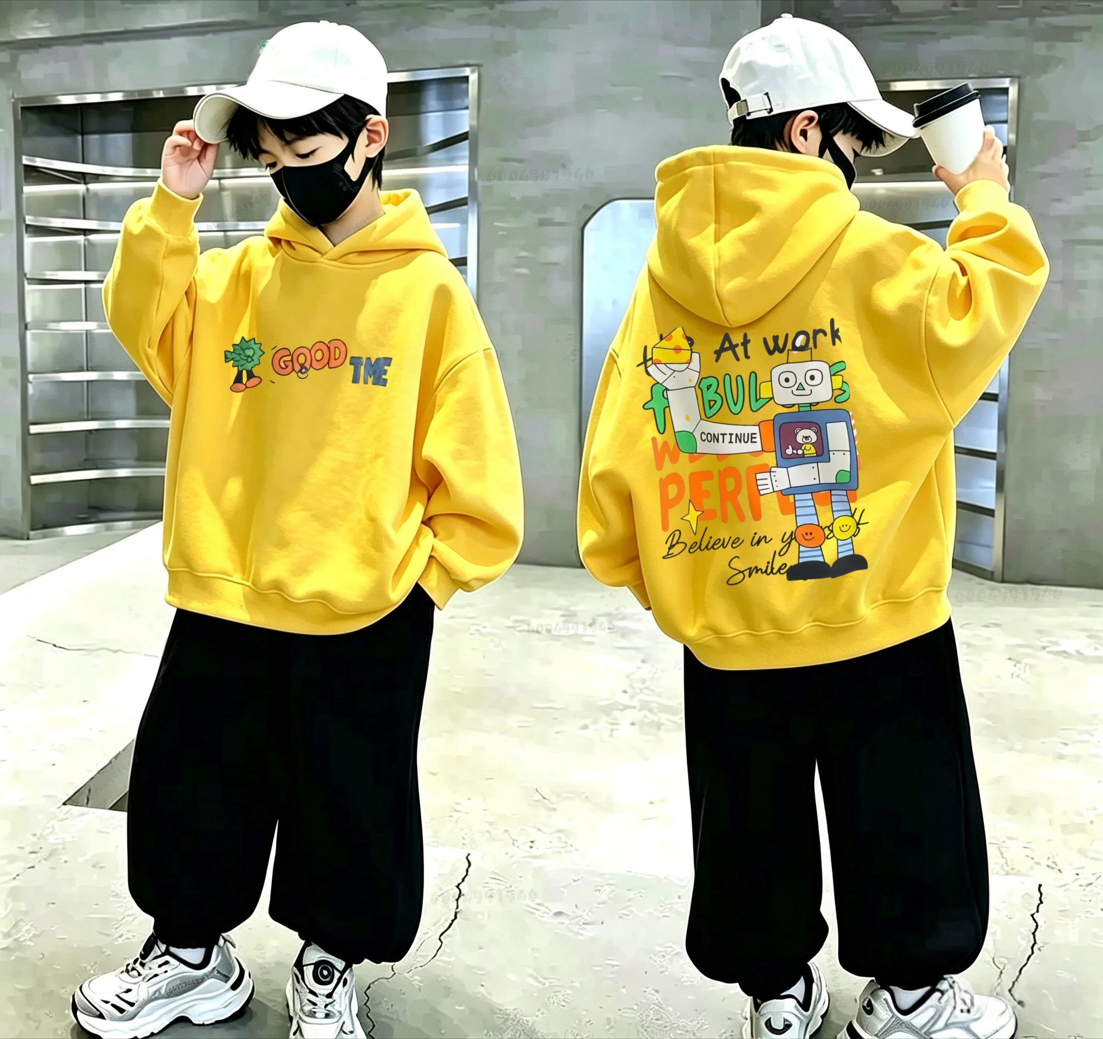 Fashion robot double-sided printed children's hooded sweatshirt, mid-sized children's daily coat for autumn and winter