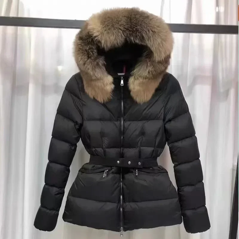 Fox Fur Collar Hooded 90% White Duck Down Coat Women Fashion Zipper Front Slim Waist Winter Thick Puffer Jacket Streetwear