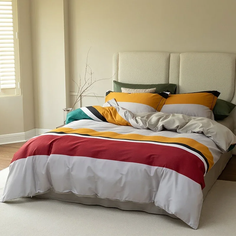 

600TC Egyptian Cotton Bedding Set Queen King Size Duvet Cover Set Stripe Bed Fitted Sheet Set Pillowcases Bedroom Comforter