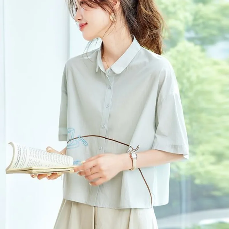 

Women's Summer Embroidered Short Sleeve Shirt Casual Loose Fit Petite Blouse