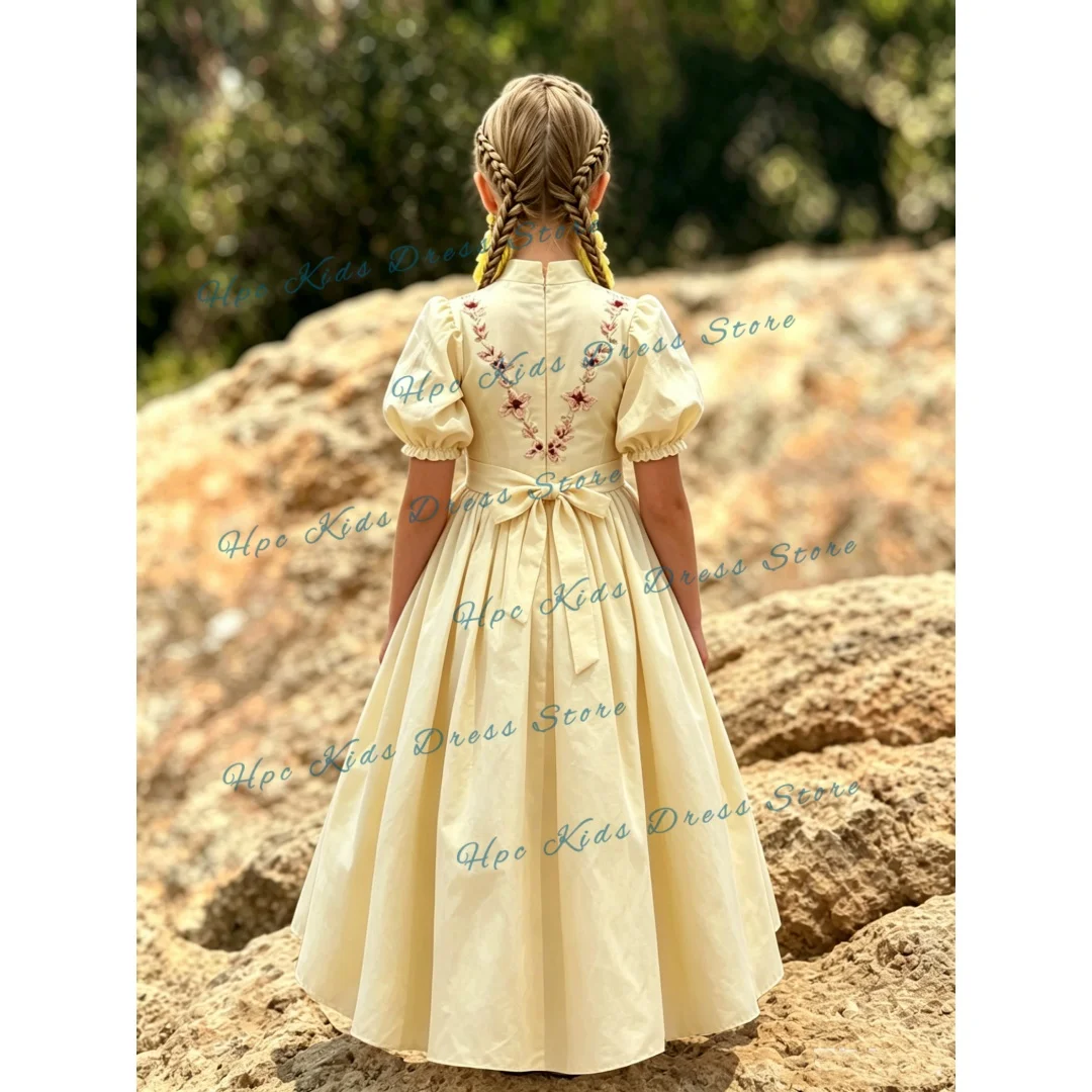 Custom Printed Embroidered Cotton and Linen Girls' Flower Girl Dress withVintage Puff Sleeves,  Princess Long Dress, Children's