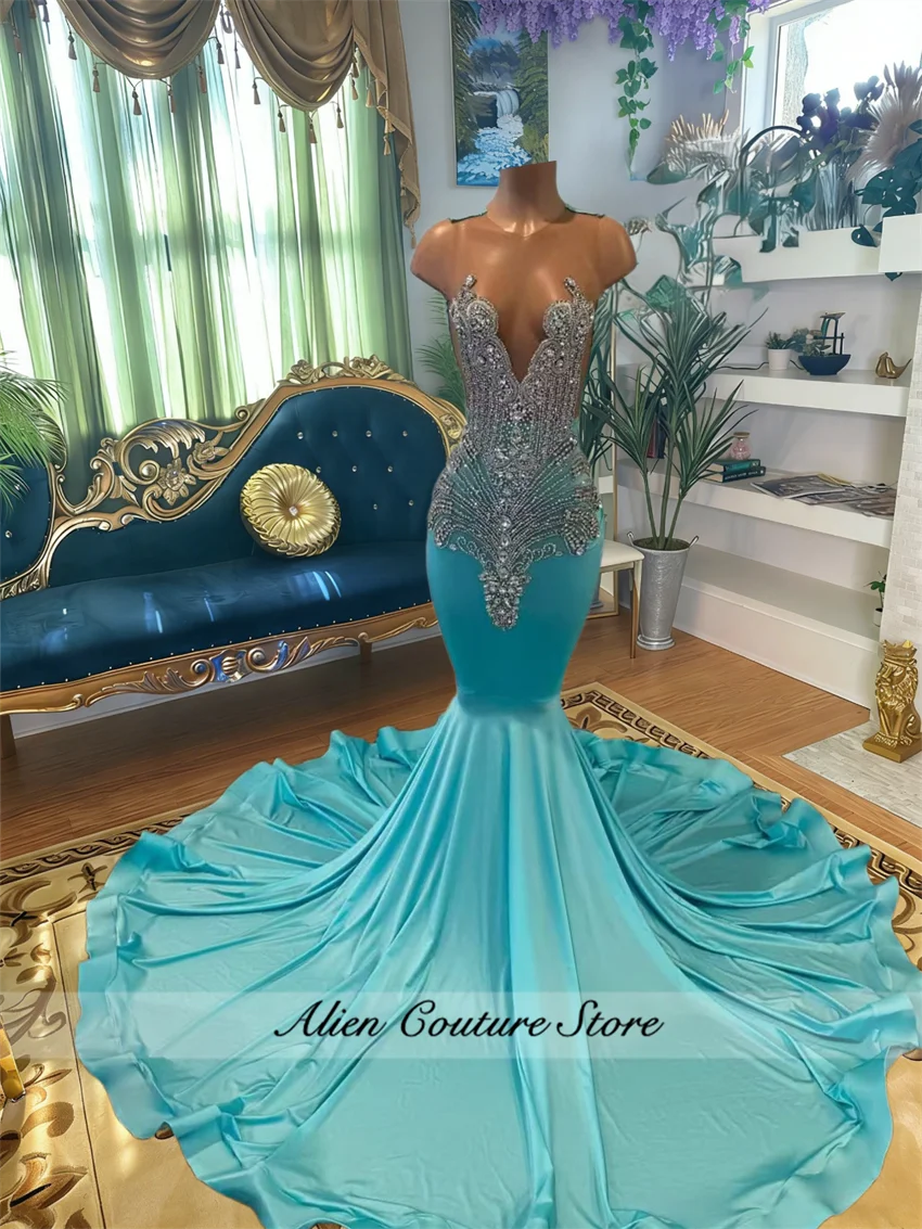 

Роскошные синие кристаллы Русалка платья для выпускного вечера для черных девочек 2026 драгоценных камней элегантное длинное вечернее платье платье для дня рождения по индивидуальному заказу