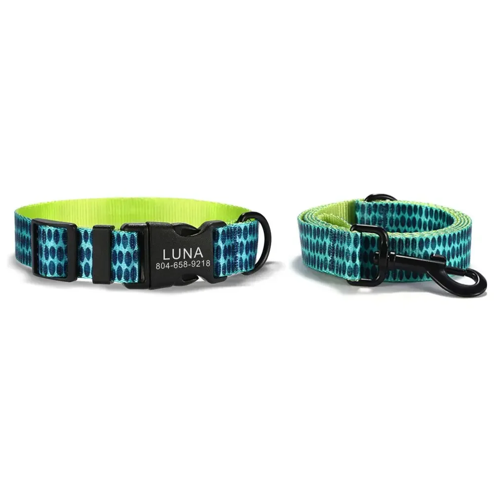 

Personalized Pet Collar, Customized Nameplate ID, Adjustable, Green Ink, Soft Fiber, Cat and Dog Collars, Lead Leash