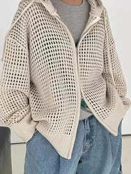 Korean Style Knitted Hooded Open Cardigan Men's Double Zipper Loose Long Sleeve Sweatshirt Mesh Finger Covers Sun Protection ...