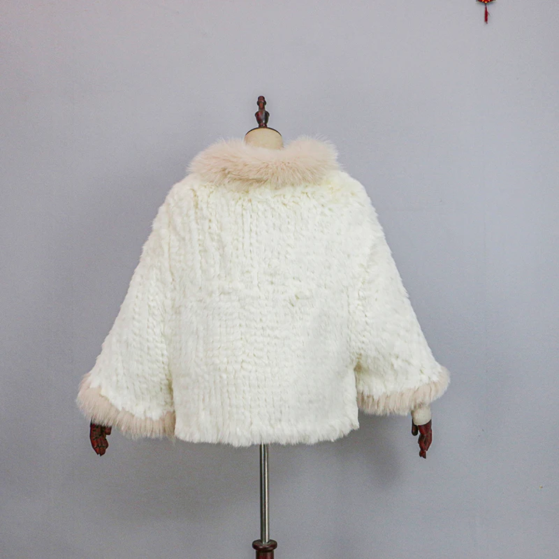 Nuevo Chal de Piel de Conejo Auténtica Tejida Extra Largo con Cuello de Piel de Zorro, Chaqueta de Punto de Moda para Mujer
