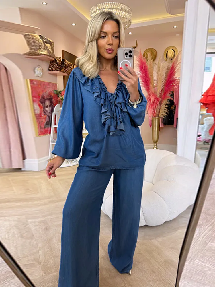 

Chic Woman's Denim Shirts Pants 2 Piece Sets Baggy Solid Outfits for Lady Daily Casual Elegant Work Office Suits Outwear Fashion