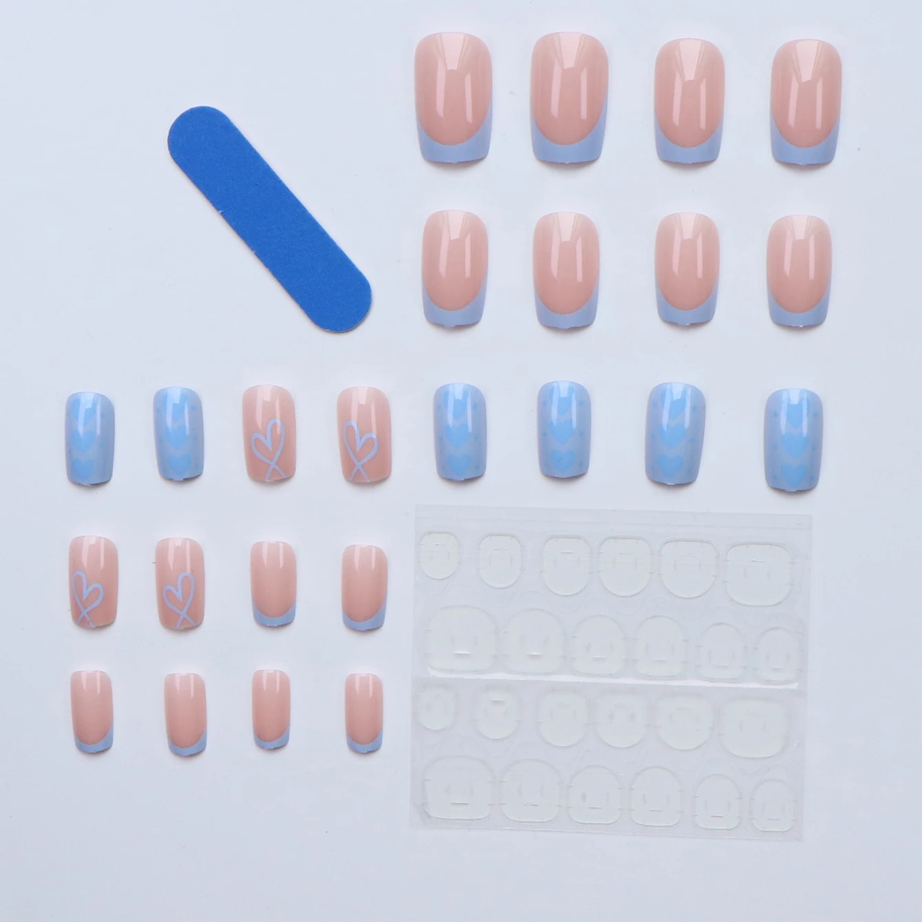 Faux ongles carrés français bleus, 24 pièces, motif de cœurs et lignes golen, colle à gelée réutilisable, 1 pièce, poussoir à cuticules adapté aux femmes