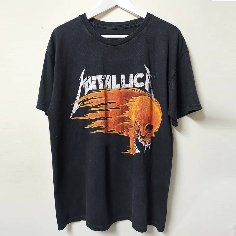 Metallica Band Men's Vintage Retro Washed Short-Sleeved T-Shirt High Street Loose-Fitting Casual Dropped Shoulder Half Sleeve.cotton t shirt, 100% cotton tee, soft breathable t-shirt, summer short sleevetops, unisex graphic tee, plus size t shirts       .