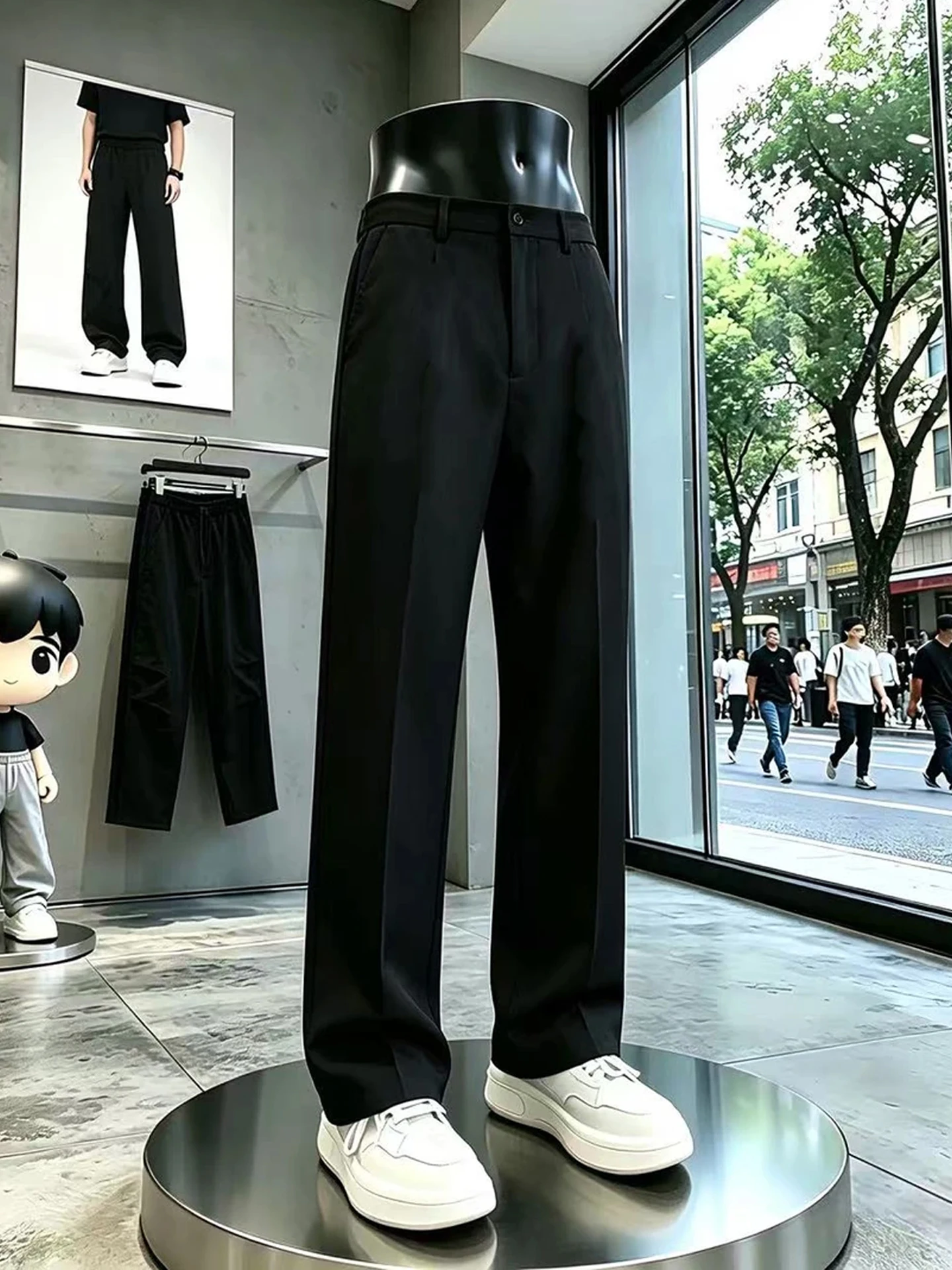 Black Ice Silk Men's Summer Thin Straight Leg Pants High Waist Casual Trousers Drapey Flared Legs CleanFit Slimming Long Trou...