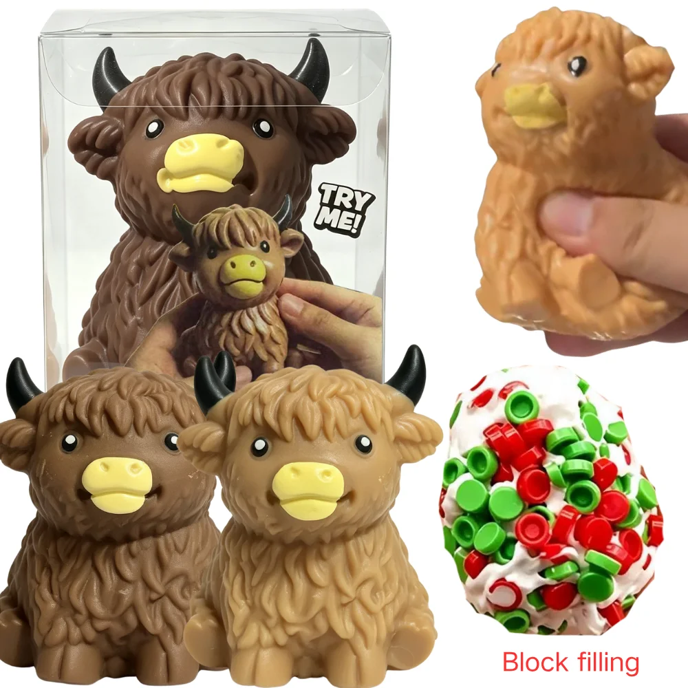 Soft Scottish Highland Cow Pinch Toy, Cute Slow Rebound Squishy Toy, Building Block Filling Sensory Stress Relieving Fidget Toy